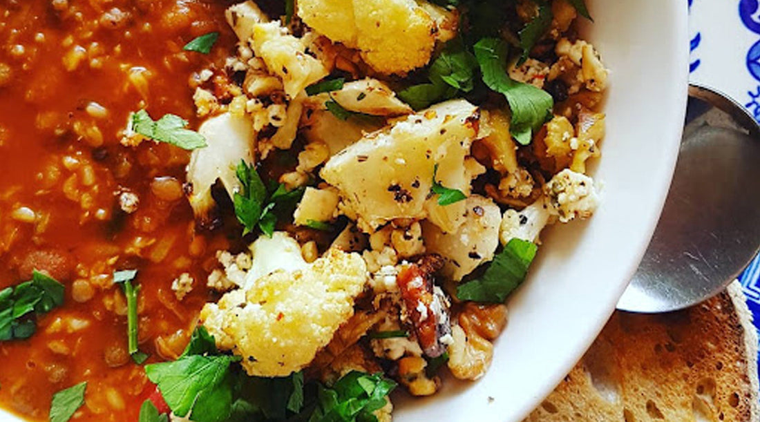 LENTIL SOUP WITH ROASTED CAULIFLOWER, FETA & WALNUTS